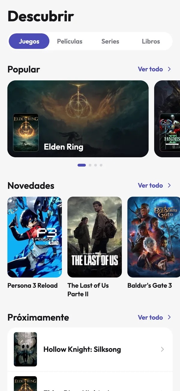 Pantalla Descubrir con juegos populares, novedades y próximos lanzamientos