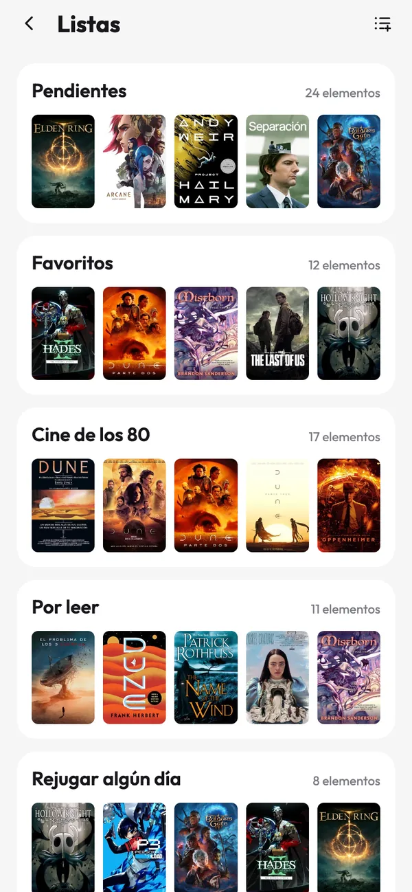 Pantalla de listas con Pendientes, Favoritos y otras colecciones
